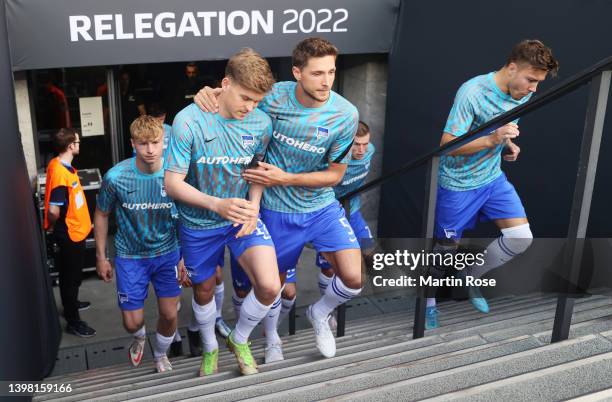 Maximilian Mittelstaedt and Niklas Stark of Hertha BSC enter the pitch to warm up prior to the Bundesliga Playoffs Leg One match between Hertha BSC...