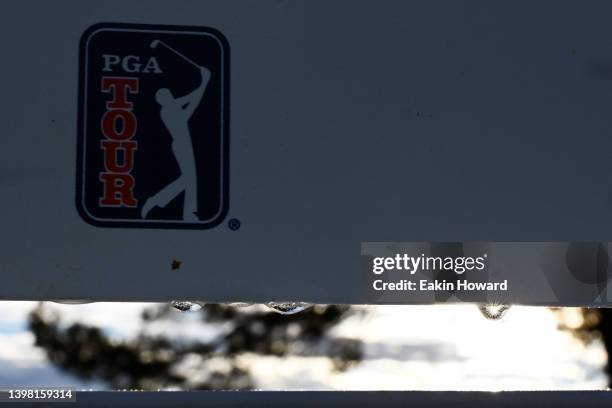 The PGA Tour logo is seen on a sign after a weather delay during the second round of the Visit Knoxville Open at Holston Hills Country Club on May...