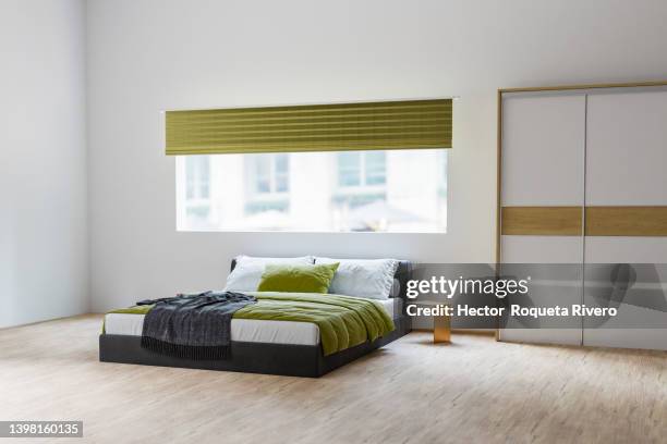 modern bedroom interior with city view, 3d render digital image - hector vivas fotografías e imágenes de stock