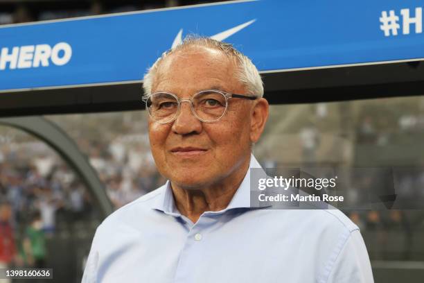 Felix Magath, Head Coach of Hertha BSC looks on prior to the Bundesliga Playoffs Leg One match between Hertha BSC and Hamburger SV at Olympiastadion...