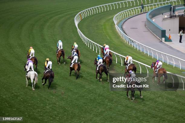 General view after the field crossed the finish line during the Race 1 Waglan Island Handicap at Happy Valley Racecourse on May 18, 2022 in Hong Kong.