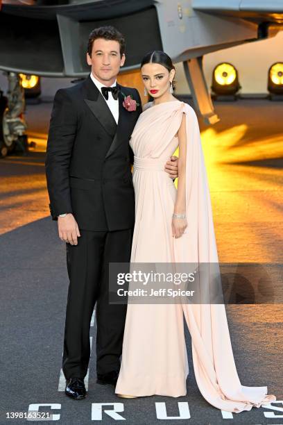 Miles Teller and Keleigh Sperry attend the UK Premiere and Royal Film Performance of "Top Gun: Maverick" at Leicester Square on May 19, 2022 in...