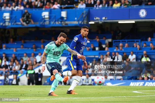 James Maddison of Leicester City scores their sides first goal during the Premier League match between Chelsea and Leicester City at Stamford Bridge...