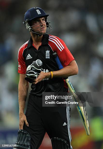 England captain Stuart Broad leaves the field after being dismissed by Aizaz Cheema of Pakistan during the 2nd International Twenty20 Match between...