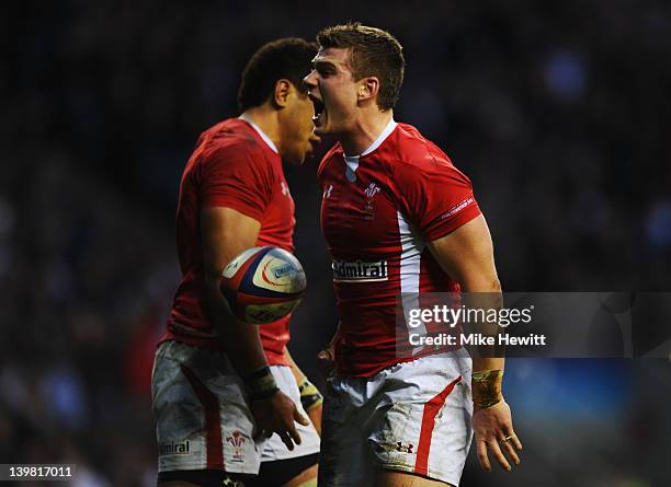 Scott Williams of Wales celebrates alongside Toby Faletau as he scores their first try during the RBS 6 Nations match between England and Wales at...