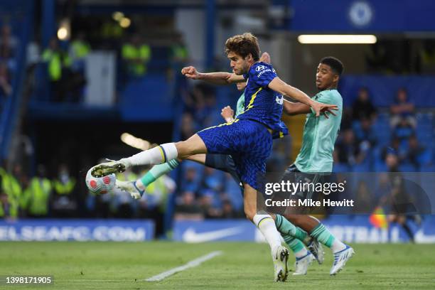 Marcos Alonso of Chelsea scores their sides first goal during the Premier League match between Chelsea and Leicester City at Stamford Bridge on May...
