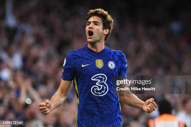 Marcos Alonso of Chelsea celebrates after scoring their sides first goal during the Premier League match between Chelsea and Leicester City at...