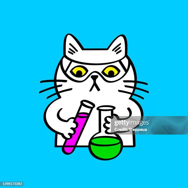 white cat conducting scientific experiment - science and technology stock illustrations