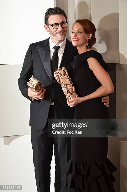 Michel Hazanavicius poses with Berenice Bejo after receiving Cesar Awards during the 37th Cesar Film Awards at Theatre du Chatelet on February 24,...