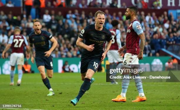 Ashley Barnes of Burnley celebrates after scoring the opening goal during the Premier League match between Aston Villa and Burnley at Villa Park on...