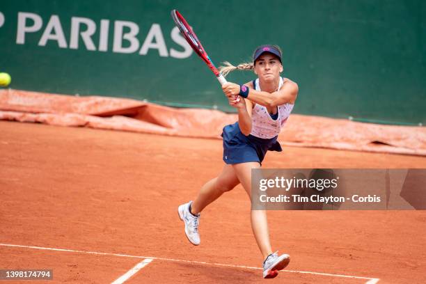 May 19. Irina Bara of Romania in action against Nao Hibino of Japan during the Qualification round three match at the 2022 French Open Tennis...