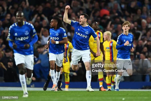 Michael Keane of Everton celebrates after scoring their sides first goal during the Premier League match between Everton and Crystal Palace at...