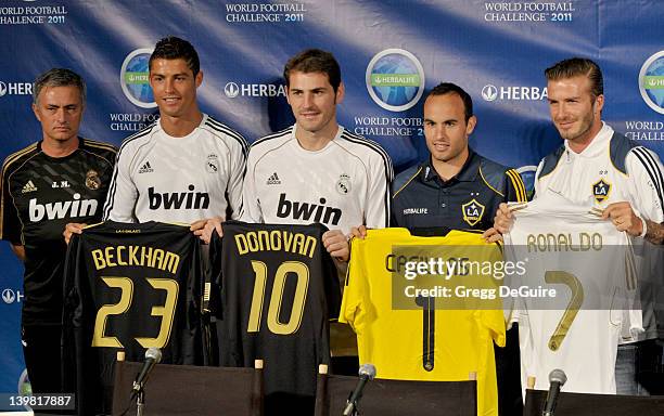 Real Madrid head coach Jose Mourinho, Cristiano Ronaldo and Iker Casillas of Real Madrid and Landon Donovan and David Beckham of the Los Angeles...