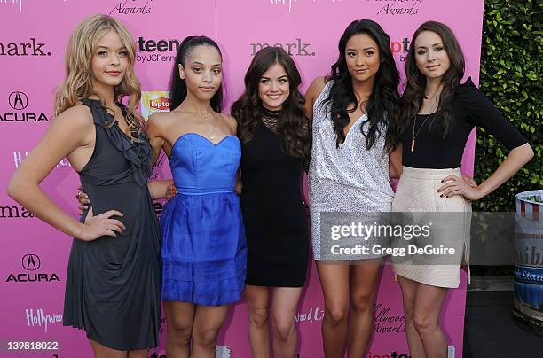 Sasha Pieterse, Bianca Lawson, Lucy Hale, Shay Mitchell and Troian Bellisario arrive at the 12th Annual Young Hollywood Awards at the Wilshire Ebell...