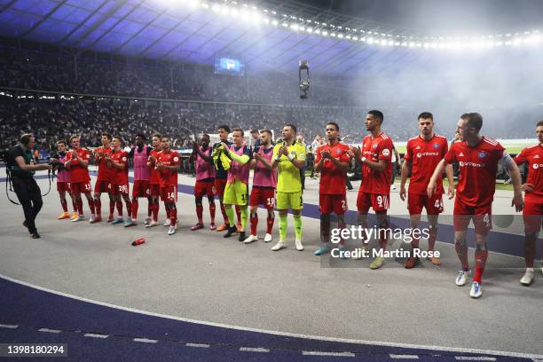 Players of Hamburger SV applaud fans following their sides victory in the Bundesliga Playoffs Leg One match between Hertha BSC and Hamburger SV at...