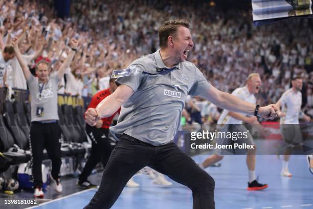 Head coach Filip Jicha of Kiel celebrates after winning the EHF Champions League quarter final second leg match between THW Kiel and Paris...