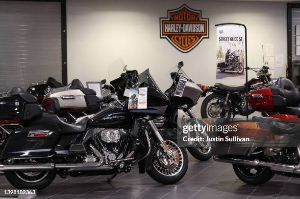 Harley-Davidson motorcycles are displayed in the showroom at Oakland Harley-Davidson on May 19, 2022 in Oakland, California. Harley-Davidson Inc...