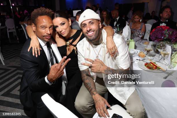 Gary Dourdan, Eva Longoria and Nicky Jam attend the photocall for the Global Gift Gala during the 75th annual Cannes film festival at JW Marriott on...