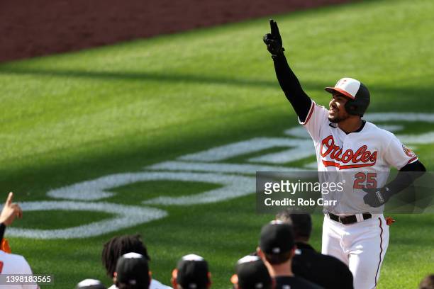 Anthony Santander of the Baltimore Orioles celebrates while rounding the bases after hitting a walk off three run home run to defeat the New York...