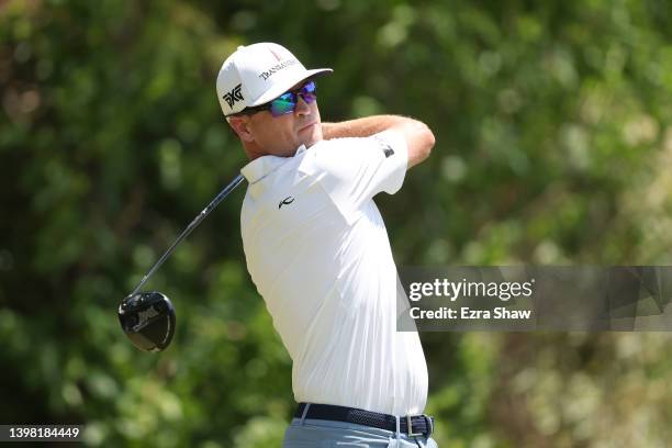 Zach Johnson of the United States plays his shot from the 12th tee during the first round of the 2022 PGA Championship at Southern Hills Country Club...