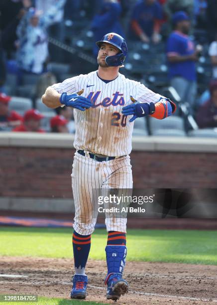 Pete Alonso of the New York Mets celebrates after hitting a walk off two run home run to win the game in ten innings against the St. Louis Cardinals...