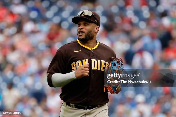 Robinson Cano of the San Diego Padres looks on during the fifth inning against the Philadelphia Phillies at Citizens Bank Park on May 19, 2022 in...