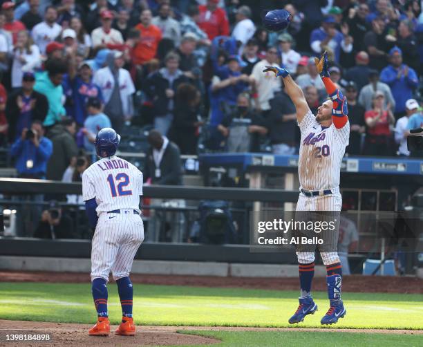 Pete Alonso of the New York Mets celebrates after hitting a walk off two run home run to win the game in ten innings against the St. Louis Cardinals...