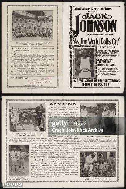 Movie herald advertises the all-black-cast sports melodrama 'As the World Rolls On' , 1921. It features boxer Jack Johnson and the members of the...