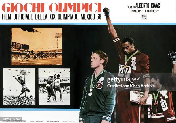 Movie poster advertises the Italian release of the sports documentary '1968 Mexico Olympics,' 1968. It was directed by Alberto Isaac and the poster...
