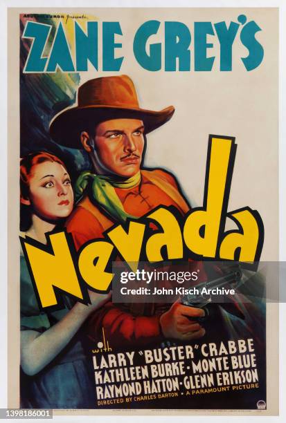 One sheet movie poster advertises the Western 'Nevada' , 1935. Starring Buster Crabbe and Kathleen Burke, it was based on a novel by Zane Grey.