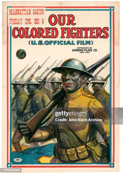 Movie poster advertises US Government's WW1 recruiting documentary 'Our Colored Fighters', screening at Harlem's Manhattan Casino, New York, New...