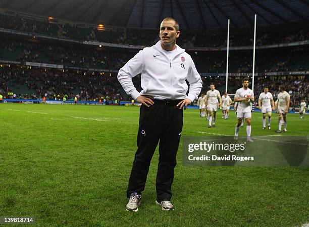 England head coach Stuart Lancaster looks dejected after the RBS 6 Nations match between England and Wales at Twickenham Stadium on February 25, 2012...