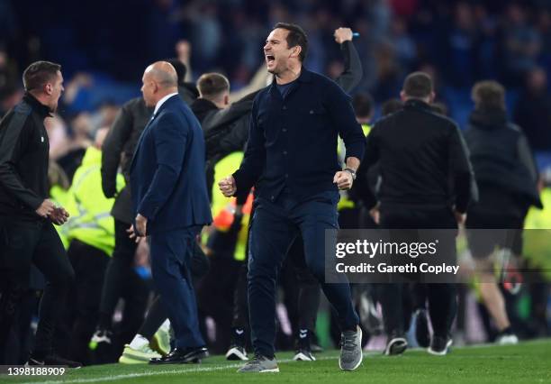 Frank Lampard, Manager of Everton celebrates their sides third goal scored by Dominic Calvert-Lewin during the Premier League match between Everton...