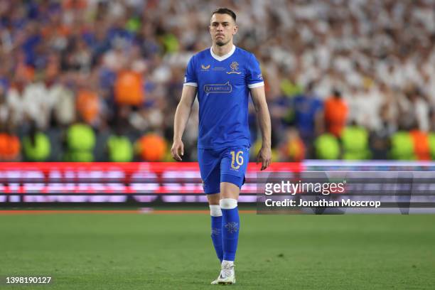 Aaron Ramsey of Rangers reacts as he makes his way forward to take his peanlty in the shoot out during the UEFA Europa League final match between...