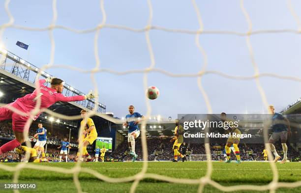 Michael Keane of Everton scores their sides first goal past Jack Butland during the Premier League match between Everton and Crystal Palace at...