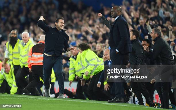 Frank Lampard, Manager of Everton celebrates following their sides victory as they avoid relegation after the Premier League match between Everton...