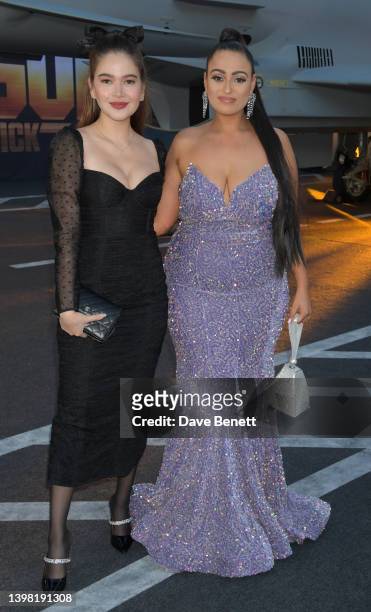 Bela Padilla and Amel Rachedi attend the Royal Film Performance screening of "Top Gun: Maverick" in Leicester Square on May 19, 2022 in London,...
