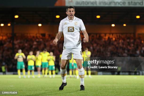 Ben Garrity of Port Vale celebrates scoring a penalty during the penalty shoot out during the Sky Bet League Two Play-off Semi Final 2nd Leg match...
