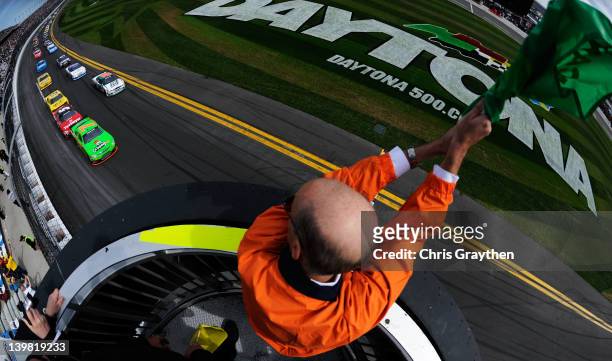 Danica Patrick, driver of the GoDaddy.com Chevrolet, leads the field to the start of the NASCAR Nationwide Series DRIVE4COPD 300 at Daytona...