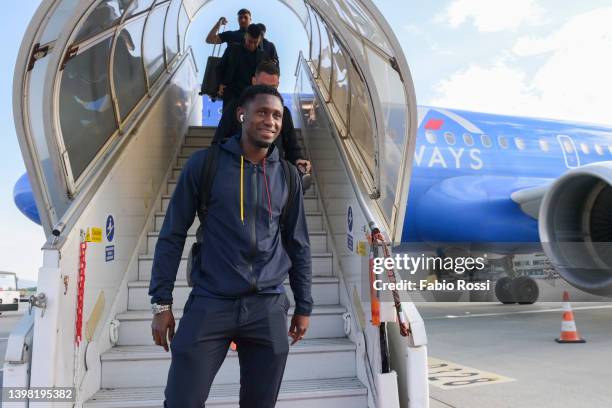 Roma player Amadou Diawara travels to Turin on May 19, 2022 in Rome, Italy.