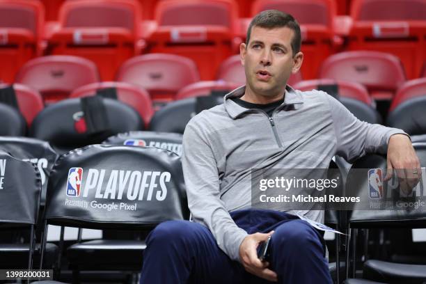 Boston Celtics President of Basketball Operations Brad Stevens looks on prior to Game Two of the 2022 NBA Playoffs Eastern Conference Finals against...