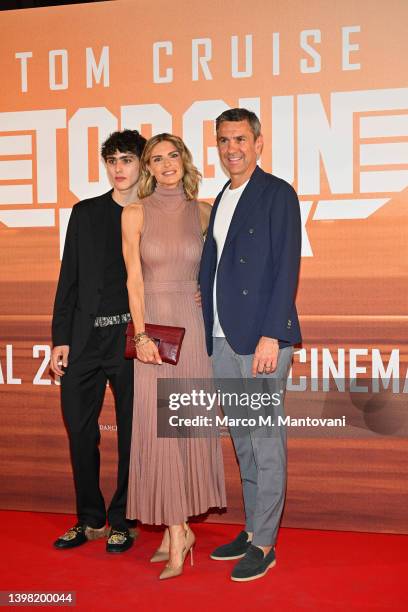 Achille Costacurta, Martina Colombari and Alessandro Costacurta attend the "Top Gun: Maverick" photocall on May 19, 2022 in Milan, Italy.