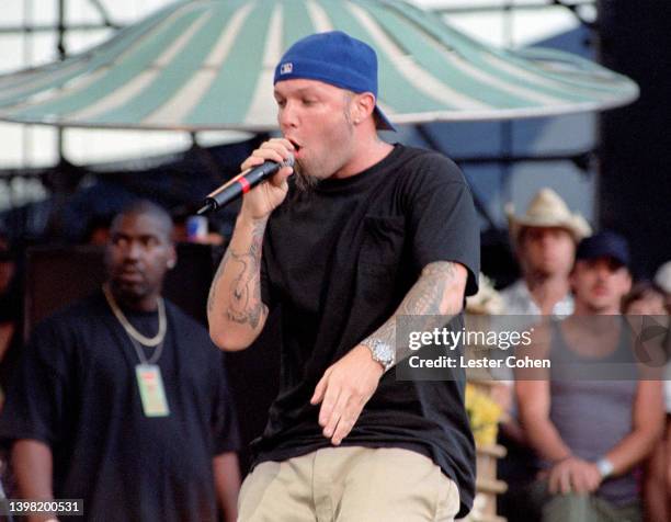 American rapper, singer, songwriter, actor, and film director Fred Durst, of the American rap rock band Limp Bizkit, sings on stage during the KROQ...