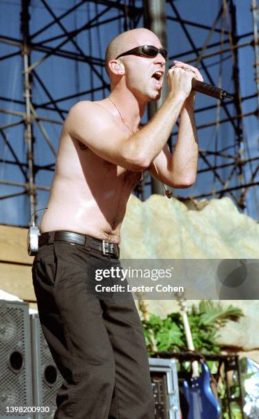 American singer, songwriter, musician Ed Kowalczyk, of the American rock band Live, performs on stage during the KROQ Weenie Roast on June 19, 1999...