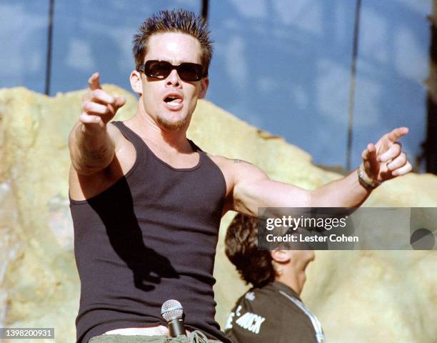 American singer Mark McGrath, American rock band Sugar Ray, sings on stage during the KROQ Weenie Roast on June 19, 1999 at the Irvine Meadows...