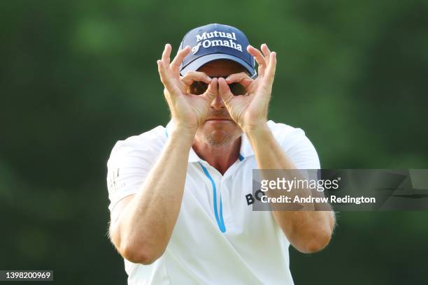 Henrik Stenson of Sweden reacts on the on the seventh hole during the first round of the 2022 PGA Championship at Southern Hills Country Club on May...