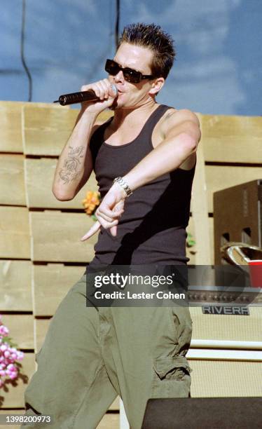 American singer Mark McGrath, American rock band Sugar Ray, sings on stage during the KROQ Weenie Roast on June 19, 1999 at the Irvine Meadows...