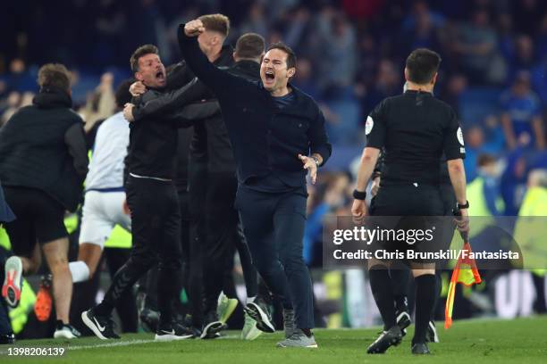 Everton manager Frank Lampard celebrates his side's third goal during the Premier League match between Everton and Crystal Palace at Goodison Park on...