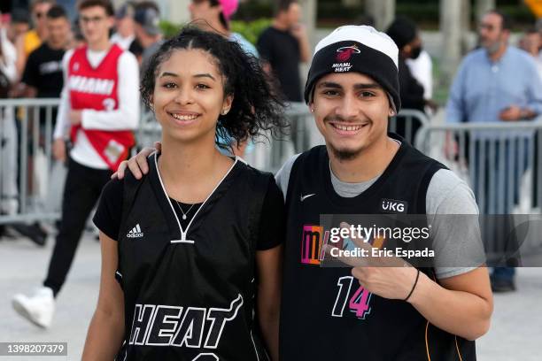 Miami Heat fans pose outside the arena prior to Game Two between the Miami Heat and the Boston Celtics in the 2022 NBA Playoffs Eastern Conference...