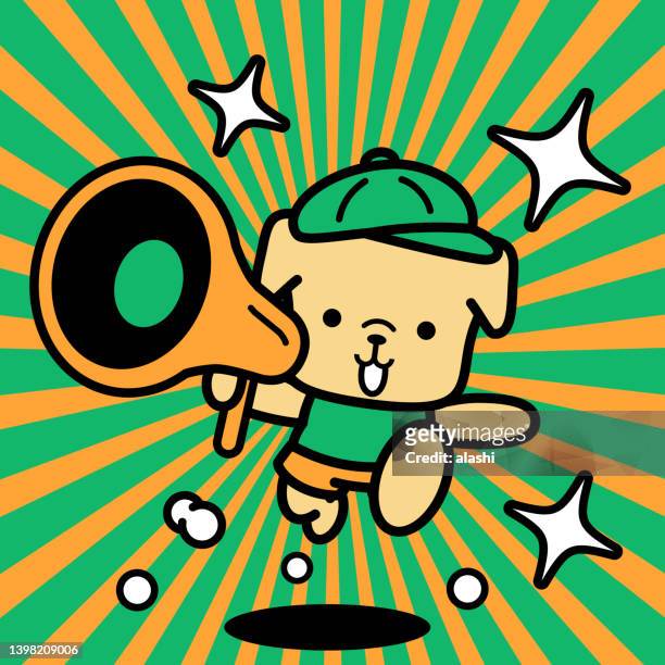 a cute dog wearing a baseball cap is holding a megaphone and running toward the camera - dog competition stock illustrations